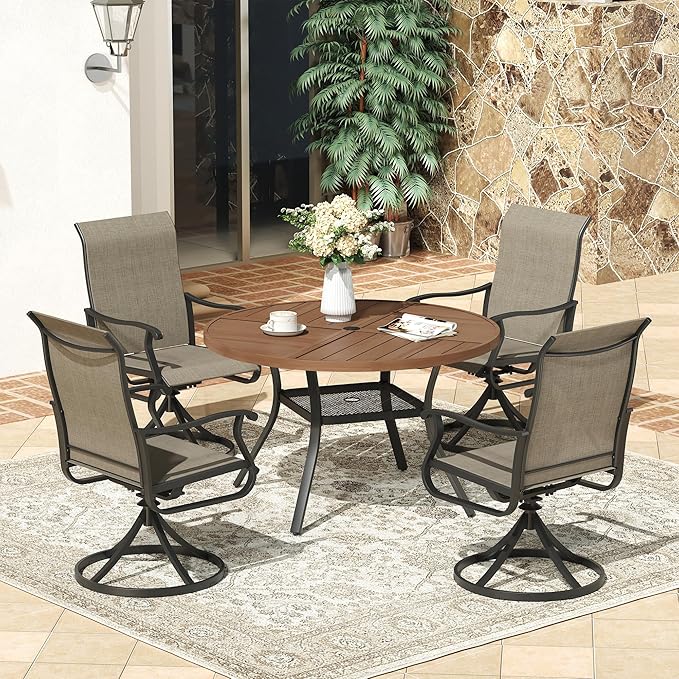 VICLLAX Round Patio Dining Table, 4 Person Metal Outdoor Dining Table with Umbrella Hole and Storage Shelf for Garden Lawn Deck, 40.6" Walnut