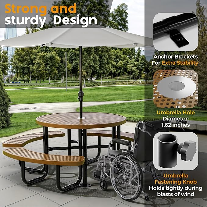 Metal Picnic Tables for Outdoors with Umbrella Hole - Coated Steel Heavy Duty Commercial Grade Furniture Set with Adjustable Seats (Brown, 46 in, Round, Punched Steel)