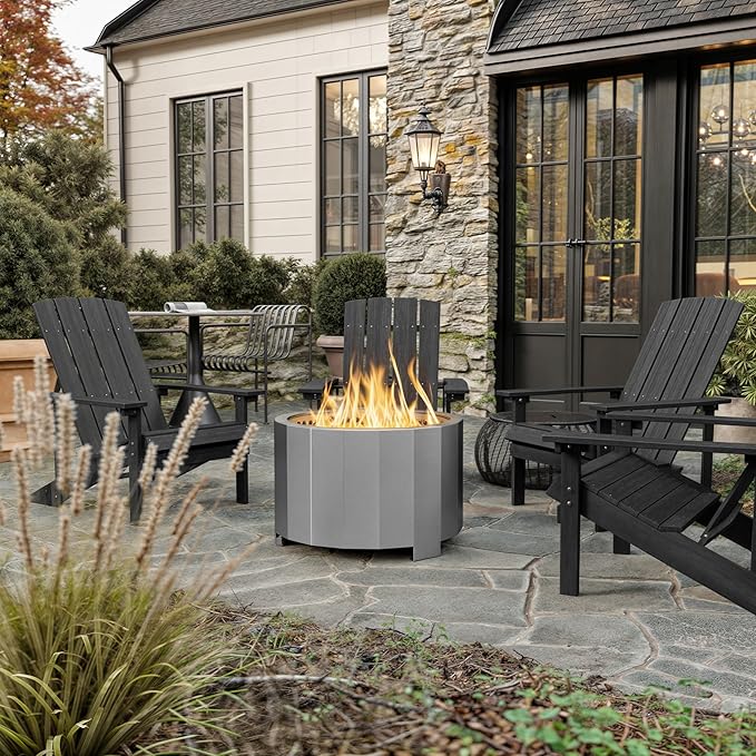 Flash Furniture Titus Commercial Grade Wood Burning Smokeless Outdoor Firepit - Fingerprint Resistant Stainless Steel - 27 inches - Portable - Waterproof Cover