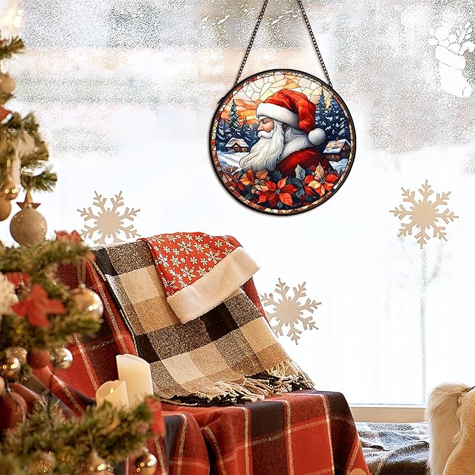 cvjutf Christmas Santa Suncatcher Stained Glass Window Hanging Decor, Farmhouse Winter Xmas Santa Stained Glass Wall Decor, Christmas Garden Sun Catchers Indoor Window Hanging Wall Art Lawn, 7.9x7.9In