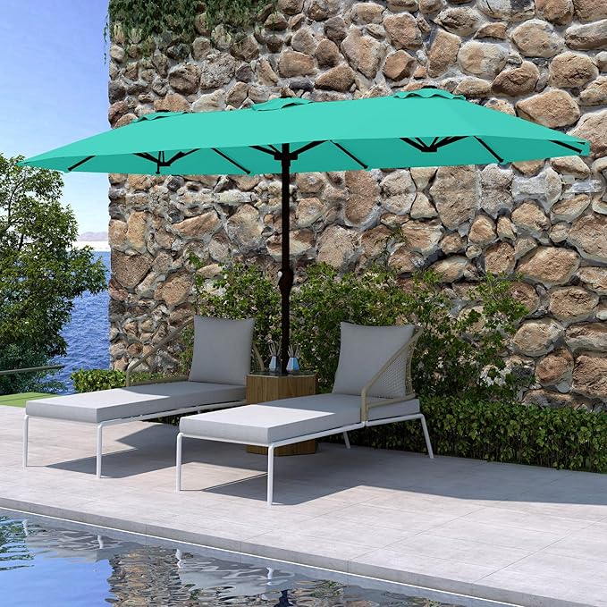 15FT Double Sided Patio Umbrella with Base Included Large Outdoor Market Umbrella with Crank Handle, UV Resistant Canopy, Sturdy Frame for Garden, Poolside, Deck, Turquoise Blue