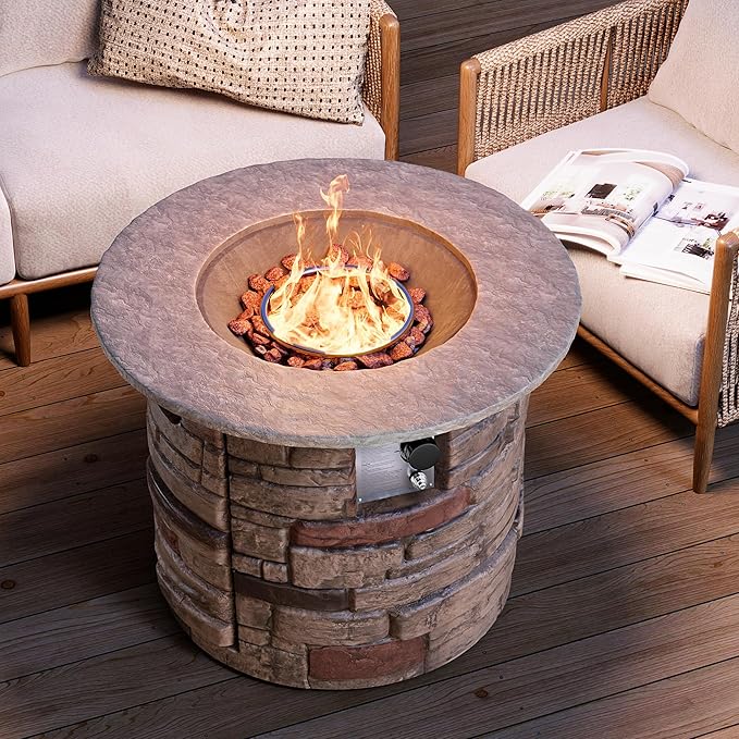 HOMPUS Outdoor Propane Fire Table, 32-inch Imitation Stone Concrete with Rain Cover and Lava Rocks - Smokeless, 40,000 BTU for Patio, Garden, Deck or Backyard
