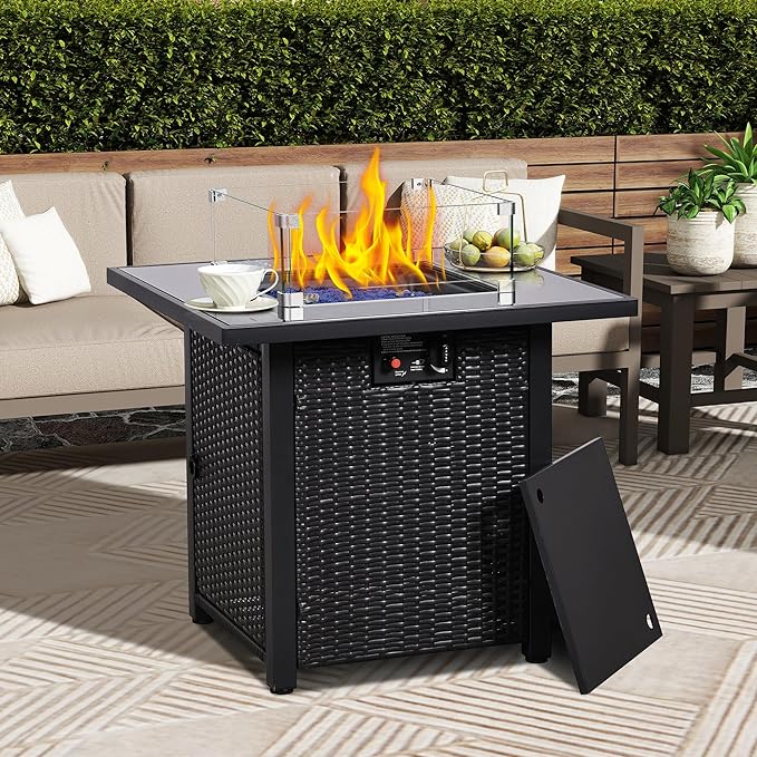 FHFO 28" Propane Fire Pit Table, Outdoor Square Fire pits with Cover,50,000 BTU Steel Gas Firepit, CSA Certified, Pulse Ignition,Glass Stone,Wind Guard, Ideal for Outdoor Patio, Outside, Dining-Black