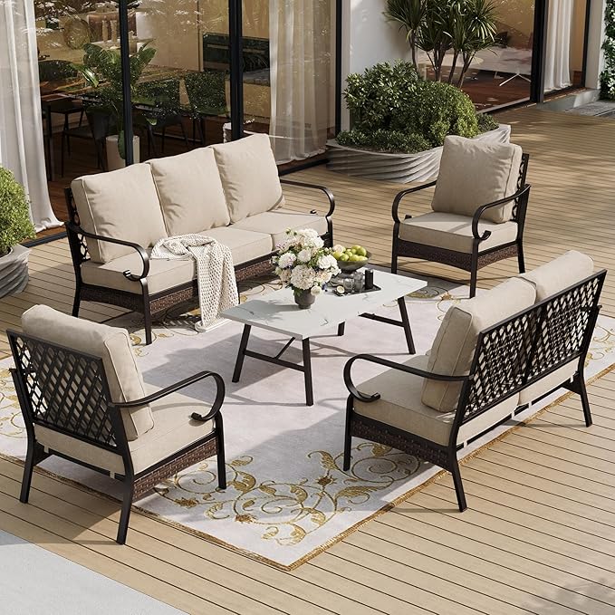 SUNSHINE VALLEY 5 Piece Metal Outdoor Patio Furniture Set, Patio Conversation Sets 1 3-Seater Sofa, 2-Seater Sofa, 2 Fixed Sofa with 5.75" Thick Cushion & Coffee Table Black Backyard Furniture, Beige