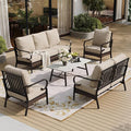 SUNSHINE VALLEY 5 Piece Metal Outdoor Patio Furniture Set, Patio Conversation Sets 1 3-Seater Sofa, 2-Seater Sofa, 2 Fixed Sofa with 5.75" Thick Cushion & Coffee Table Black Backyard Furniture, Beige
