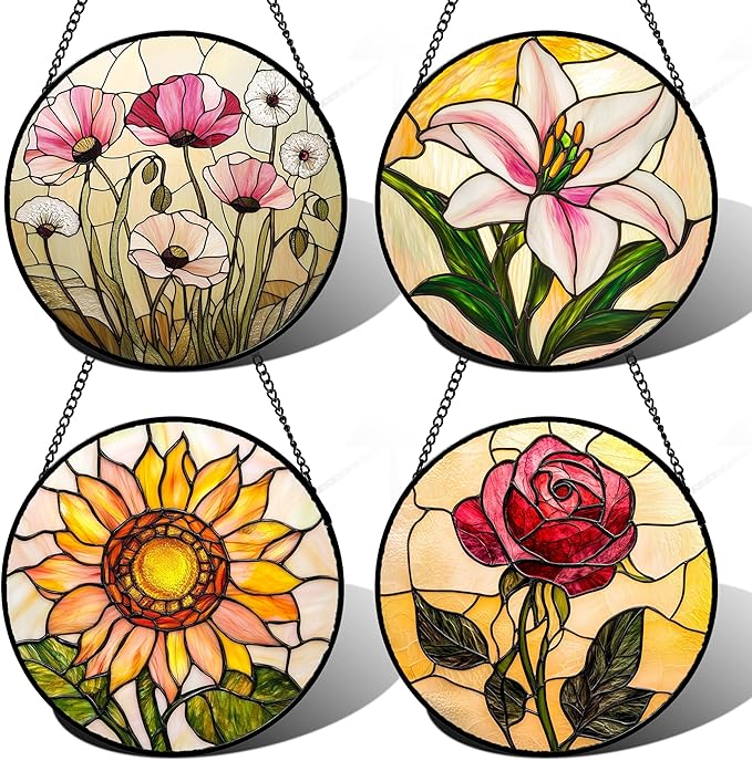 AMDERVEN Stained Glass Window Hanging 4 Pcs Set Lily Rose Sunflower Poppy Large 15" - Flower Suncatcher Door Garden Sun Catcher Decor Birthday Mother's Day for Wife Woman Nana Girl