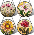 AMDERVEN Stained Glass Window Hanging 4 Pcs Set Lily Rose Sunflower Poppy 6.3" - Flower Suncatcher Door Garden Sun Catcher Decor Birthday Mother's Day for Wife Woman Nana Girl