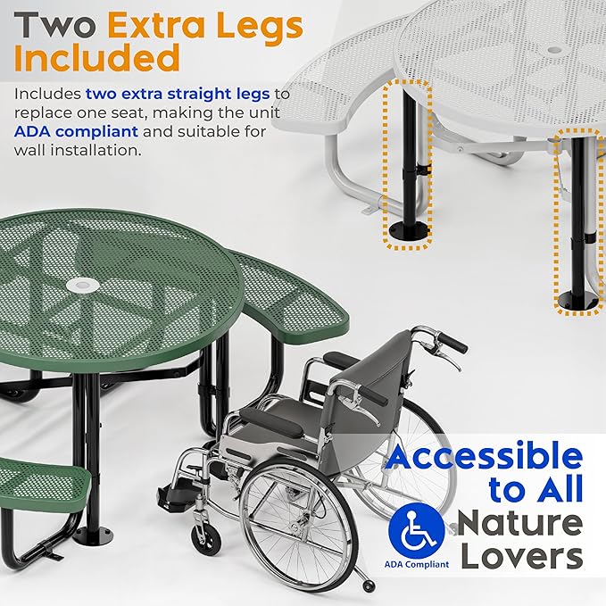 Metal Picnic Tables for Outdoors with Umbrella Hole - Coated Steel Heavy Duty Commercial Grade Furniture Set with Adjustable Seats (Green, 46 in, Round, Punched Steel)