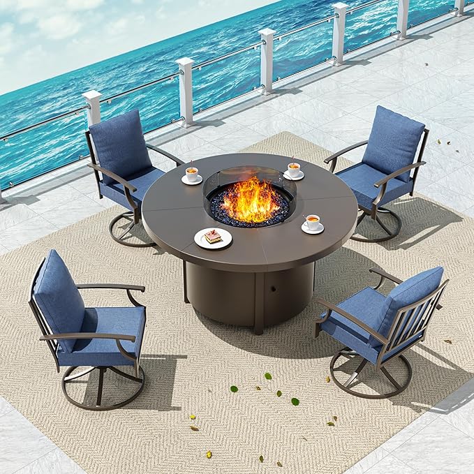 5 Pieces Patio Furniture Set with Round Fire Pit Table, Outdoor Conversation Sets 4 Swivel Chairs with Upgrade Cushions for Patio, Backyard Dark Blue