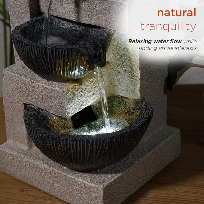 Alpine Corporation WIN1578 14" Cascading Tabletop Bowl Fountain with LED Lights – Elegant Water Fountain for Home, Office, Living Room, Bedroom, and Desk, Gray