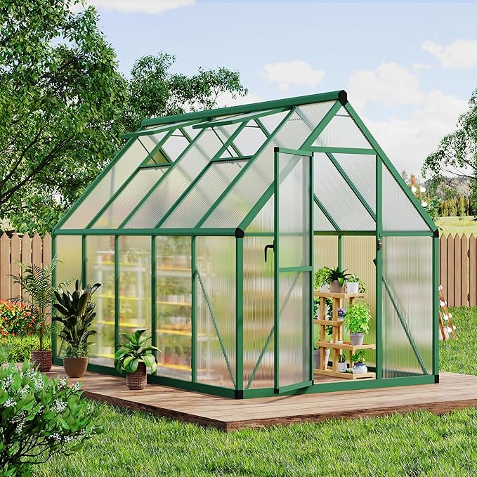 6x9 FT Outdoor Greenhouse, Polycarbonate Greenhouse with Roof Vent and Ground Nails, Aluminum Large Walk-in Green House w/ Lockable Push Door for Outside Garden Backyard (Green, 6X9 FT)