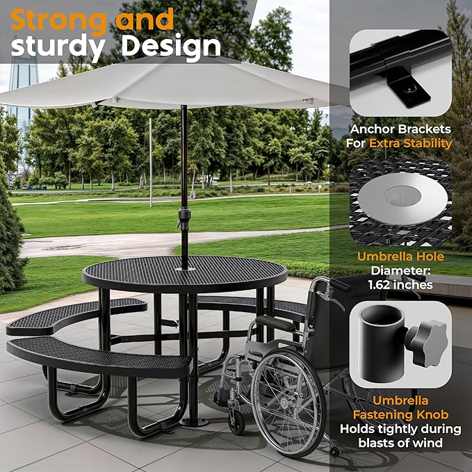Metal Picnic Tables for Outdoors with Umbrella Hole - Coated Steel Heavy Duty Commercial Grade Furniture Set with Adjustable Seats (Black, 46 in, Round, Expanded Steel)