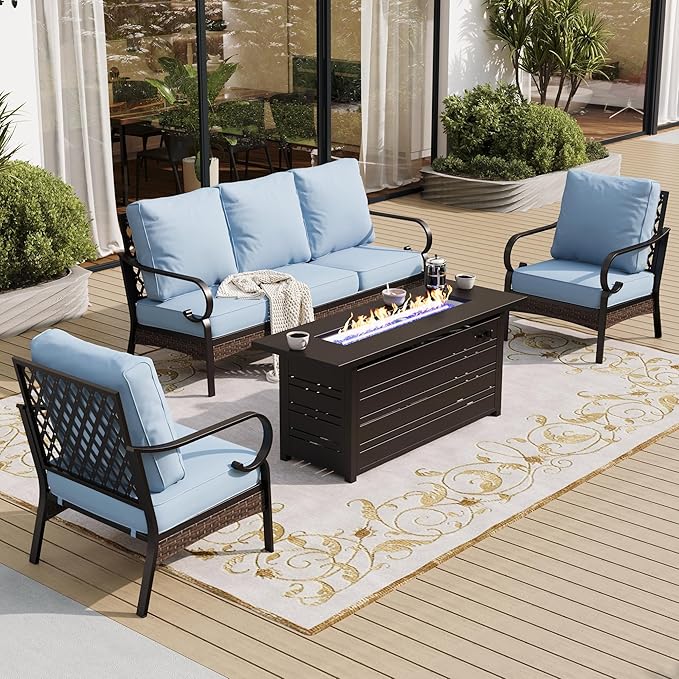 SUNSHINE VALLEY 4 Piece Black Metal Outdoor Patio Furniture Sets with Firepit Table, Patio Conversation Sets 1 3-Seater Sofa, 2 Single Sofa with 5.75" Thick Cushion Backyard Furniture for Deck, Blue
