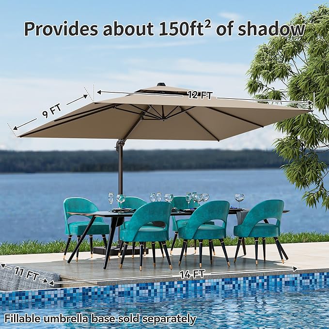 9x12FT Brown Cantilever Outdoor Patio Umbrella with Base, Large Rectangular Offset Design, Double Top Heavy Duty Aluminum Frame & 360° Rotation for Pool Garden Deck Backyard