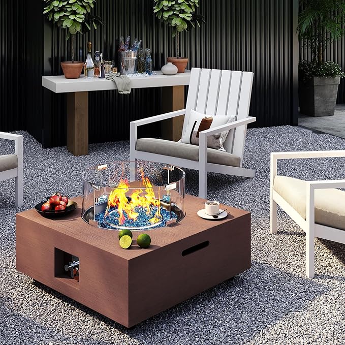 28 Inch Fire Pit Table with Wind Guard 40,000 BTU Propane Gas Fire Pit Table with Glass Rocks for Outside Patio Outdoor Backyard Deck Balcony, CSA Certified