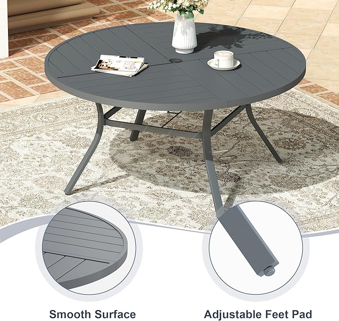 VICLLAX Round Patio Dining Table, 6 Person Metal Outdoor Dining Table with Umbrella Hole and Storage Shelf for Garden Lawn Deck, 50" Dark Grey