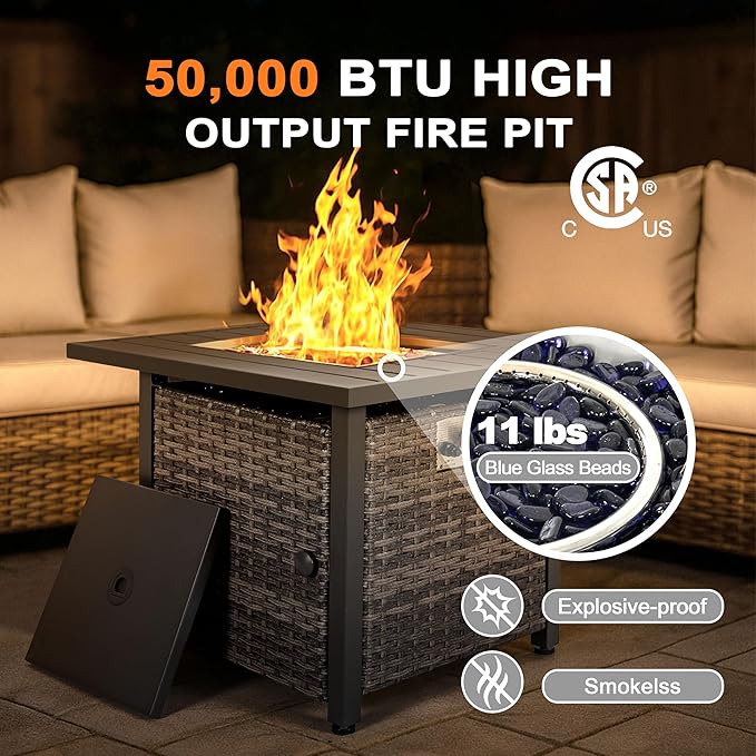 Nuu Garden 30 inch Outdoor Propane Fire Pit 50,000 BTU Gas Fire Pit Table with Lid, Hand-Woven Wicker, Square Gas Fire Table with Glass Beads for Garden, Patio, CSA Certification
