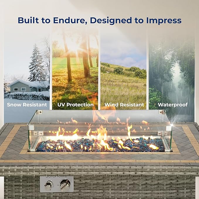 SereneLife Sturdy Wicker Base Propane Fire Pit Table with Tile Top, Patio Heater & Propane Heater, Sliding Door, Stainless Steel Burner, Tempered Glass Wind Guard, 50000 BTU, Weather Resistant