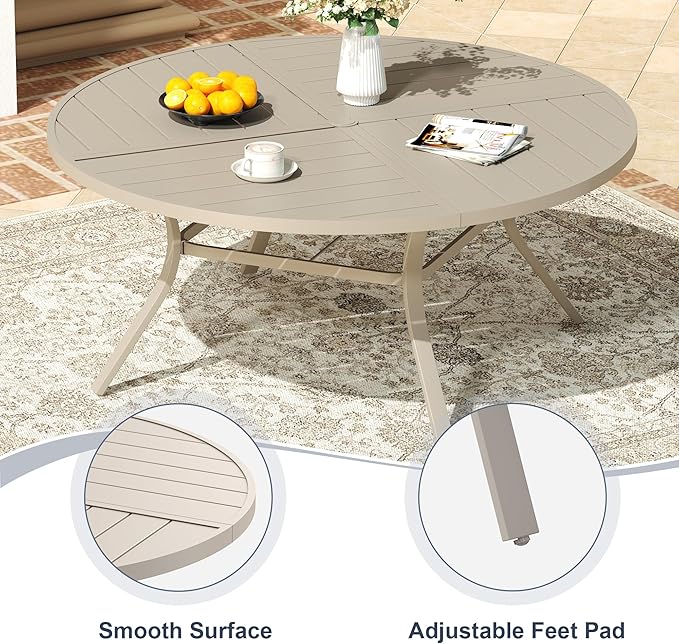 VICLLAX Round Patio Dining Table, 6-8 Person Metal Outdoor Dining Table with Umbrella Hole and Storage Shelf for Garden Lawn Deck, 53" Sandshell