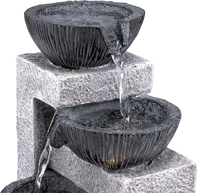 Alpine Corporation WIN1578 14" Cascading Tabletop Bowl Fountain with LED Lights – Elegant Water Fountain for Home, Office, Living Room, Bedroom, and Desk, Gray