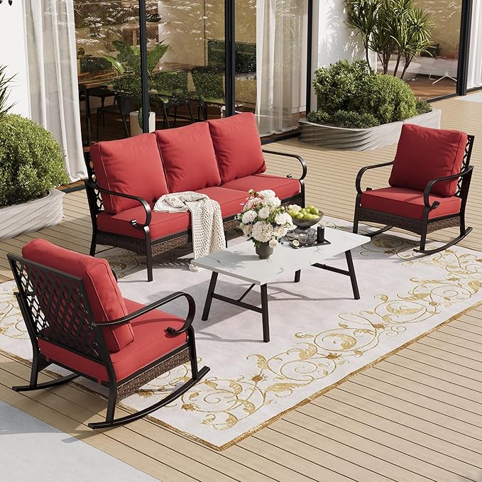 SUNSHINE VALLEY 4 PCS Metal Outdoor Patio Furniture Set, Patio Conversation Sets 3-Seater Sofa, 2 Rocking Chairs with 5.75" Extra Thick Cushion & Coffee Table, Black Frame Backyard Furniture, Rust Red