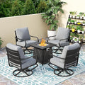 PHI VILLA 5 Piece Patio Furniture Set with 28" Firepit Table, 4 Outdoor 5.75" Cushioned Metal Frame Swivel Sofa Chairs & 28" Gas Firepit Table, Outside Furniture Set for Lawn Garden(Grey)
