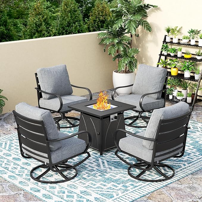 PHI VILLA 5 Piece Patio Furniture Set with 28" Firepit Table, 4 Outdoor 5.75" Cushioned Metal Frame Swivel Sofa Chairs & 28" Gas Firepit Table, Outside Furniture Set for Lawn Garden(Grey)