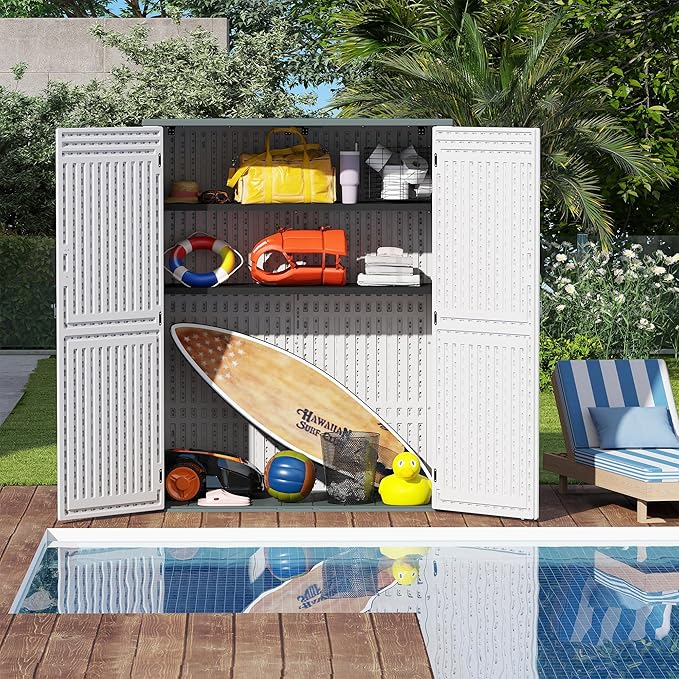 EHHLY Vertical Resin Storage Shed with 2 Shelves, 60 Cuft Garden Tool Sheds & Outdoor Storage, Plastic Outdoor Storage Cabinet Waterproof, 4.5 x 2.3 ft Backyard Outside Lawn Mower Storage Shed, White