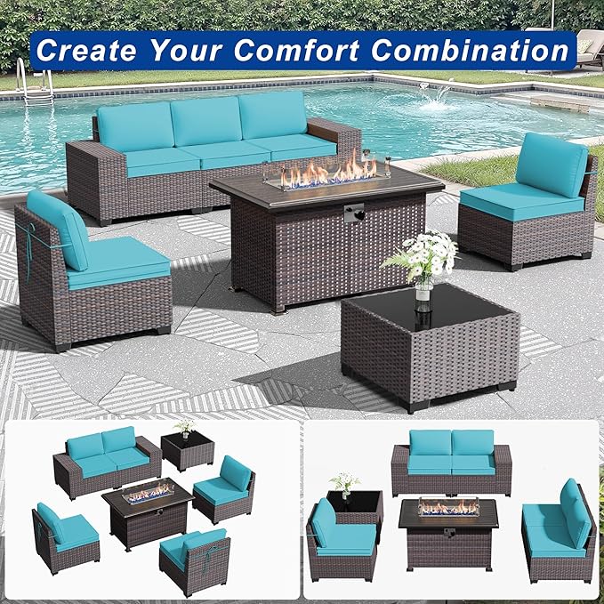 Outdoor Patio Furniture Set with Gas Fire Pit Table, 7 Pieces Patio Furniture Set Outdoor Sectional Sofa w/43in Propane Fire Pit, PE Wicker Rattan Patio Conversation Sets（Blue）.
