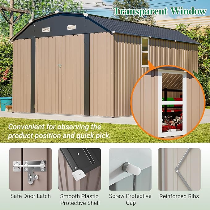 Outdoor Storage Shed, 10 X 12 FT Large Metal Utility Tool Sheds with Floor Frame & Windows, Steel Garden Shed with Updated Frame Structure for Backyard Patio Lawn, Brown