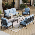 SUNSHINE VALLEY 5 Piece Metal Outdoor Patio Furniture Set, Patio Conversation Sets 1 3-Seater Sofa, 2-Seater Sofa, 2 Fixed Sofa with 5.75" Thick Cushion & Coffee Table Black Backyard Furniture, Blue