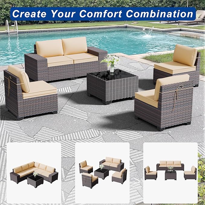 Outdoor Patio Furniture Set, 6 Pieces Outdoor Sectional Furniture High Backrest Patio Sofa, All-Weather PE Rattan Patio Conversation Set with Coffee Table & Cushions-Sand.