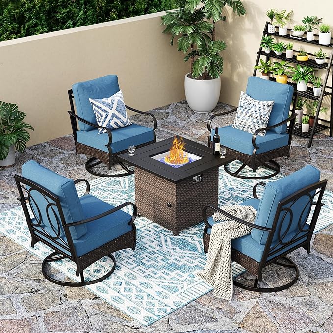 Patio Furniture Set with 32" Fire Pit Table, Patio Conversation Sets 4 Swivel Chairs with Thick Cushion and 50000 BTU Fire Pit Table (5 Pieces,Navy