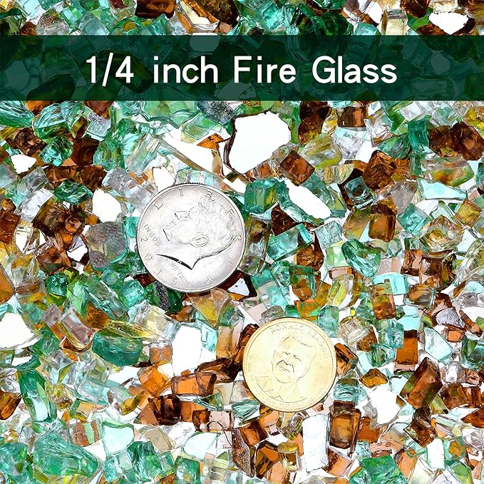 Onlyfire 10 Pounds Blended Reflective Fire Glass for Fire Pit Fireplace and Landscaping, 1/4 Inch Mixed Colored High Luster Fireglass Rocks for Outdoor ＆ Indoor Use - Gold+Light Green+Copper