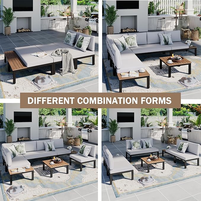 Sophia & William 6 Pieces Patio Furniture Set with 45" Fire Pit Table, Metal Outdoor Sectional Sofa Set -2 x Single Couch with Side Table,2 x Single Sofa,1 x Loveseat,1 x Propane Fire Pit
