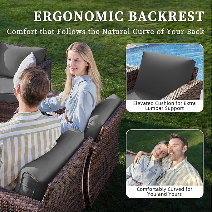 UDPATIO Patio Furniture Set with Fire Pit Table, Rocking Swivel Chairs, 6 Pieces Outdoor Conversation Sets, All-Weather Wicker Outdoor Sectional Sofa with Waterproof Cover, 4'' Thickened Cushion, Grey