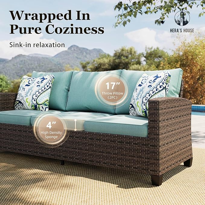 HERA'S HOUSE Swivel Glider Patio Furniture Set, Outdoor Sectional Conversation Sets with 56" Fire Pit Table, 8 Pieces 9 Seats Outside Sofa for Lawn Deck Backyard, Blue