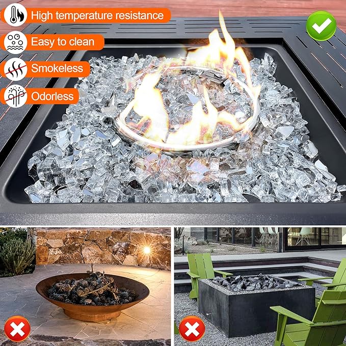 GasSaf 1/2 Inch Fire Glass Reflective Tempered Fireglass Cut Crushed FireGlass for Fire Pit, Fireplace, Replaces Existing Gas Logs & Lava Rocks (10 Pound)(Crystal Ice Reflective)