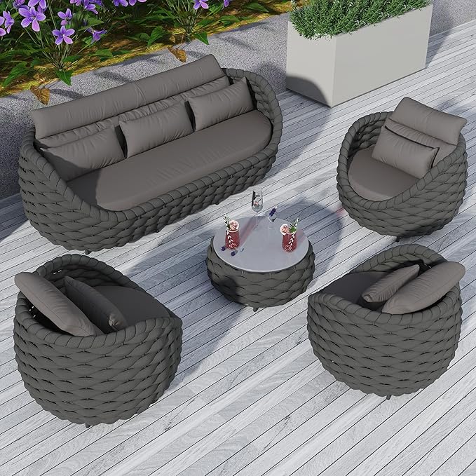 TWT Outdoor Patio Furniture Set, 5 Pieces Aluminum Sectional Sofa, Metal Patio Conversation Set with Threeseat & Armchair, Cushion and Coffee Table, Dark Grey