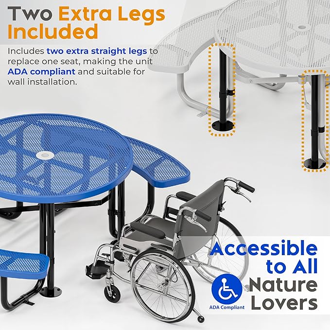 Metal Picnic Tables for Outdoors with Umbrella Hole - Coated Steel Heavy Duty Commercial Grade Furniture Set with Adjustable Seats (Blue, 46 in, Round, Punched Steel)