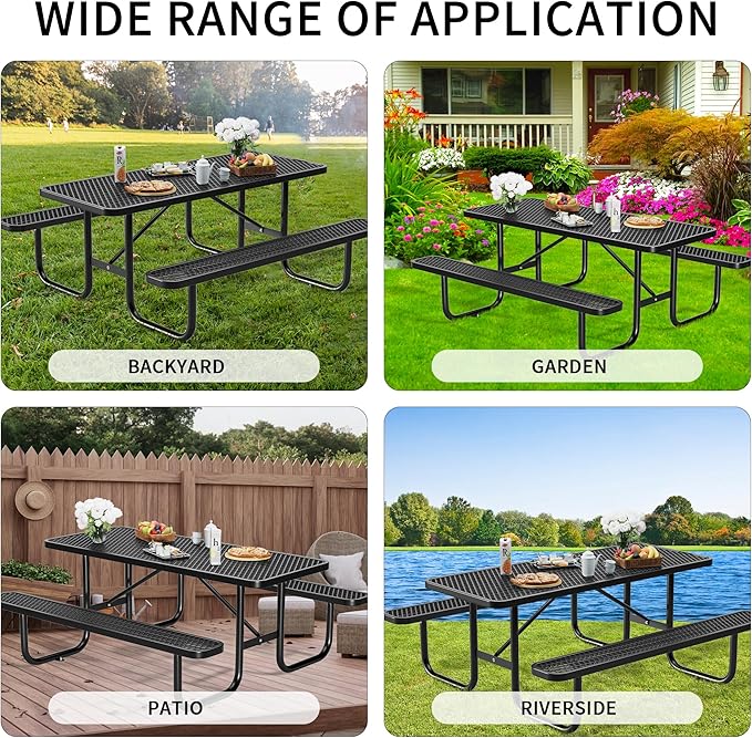 HIMcup 6 FT Metal Picnic Tables for Outside, Outdoor Coated Steel Heavy Duty Commercial Picnic Table with Benches, Patio Table Rectangular Furniture Set for Garden, Lawn, Shops, Parks