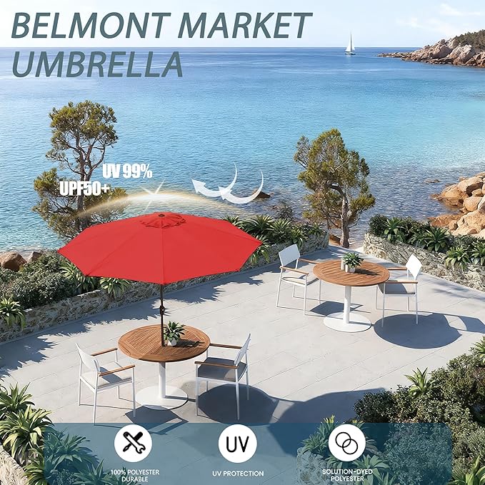 9FT Large Outdoor Patio Umbrella Market Table Umbrella-UV Resistant, Easy Push Button Tilt and Crank, 8 Sturdy Ribs Heavy-Duty Pool Umbrella for Deck,Red