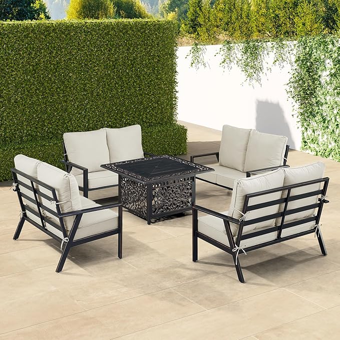 Oakland Living Black Aluminum Patio Fire Table Set with Four Deep Seating Loveseats with Cushions with Light Grey Cushions