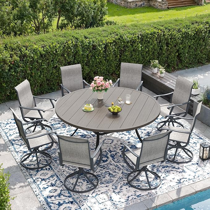 DIFY 60" Round Outdoor Patio Dining Table for 8-10, Metal Patio Table with 1.57" Adjustable Umbrella Hole, All-Weather Dining Furniture Table for Backyard Lawn Garden, Grey Wood-Like