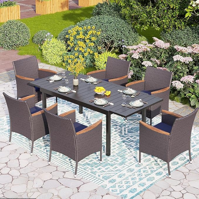 PHI VILLA Expandable Outdoor Dining Table for 6-8, Rectangle Metal Wrought Iron Extendable Table, Large Dining Furniture for Patio, Yard, Porch, Deck