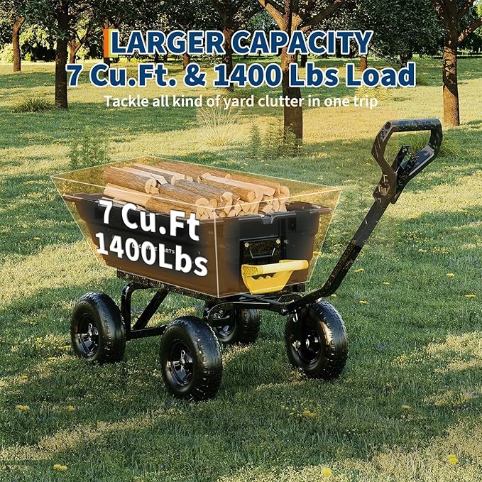 GarveeLife 1400lbs 7Cu.Ft. Garden Dump Cart Tow Behind with 2-in-1 Convertible Handle and 13in All Terrain Wheels, Heavy Duty Poly Pull Behind Yard Dump Wagon ATV Trailer for Lawn Mower Tractor