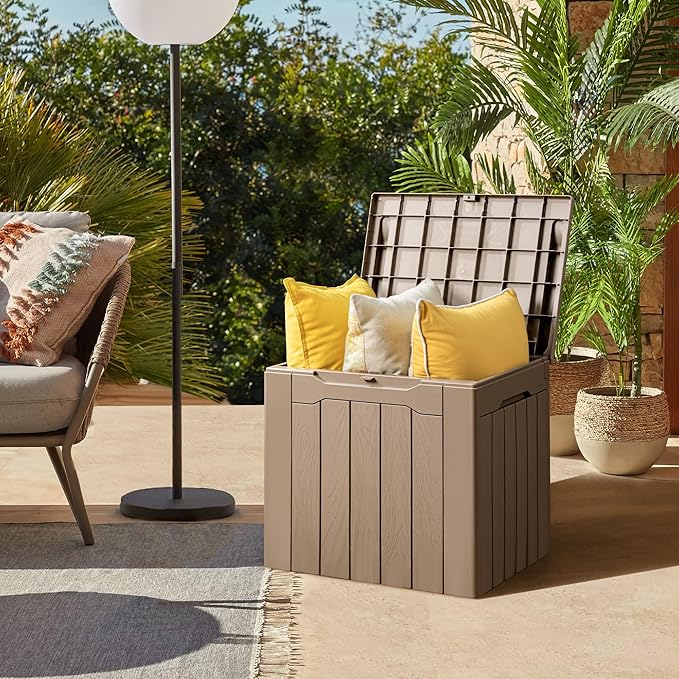 Flamaker Deck Box 31 Gallon Waterproof Resin Small Deck Box with Lid, Indoor Outdoor Package Delivery Box, Organization and Storage for Patio Furniture, Garden Tools, Outdoor Cushions (Light brown)