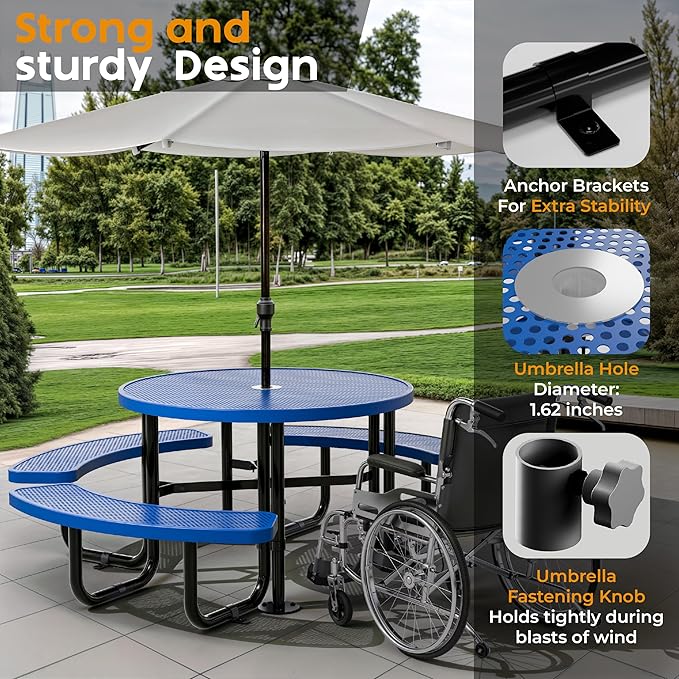 Metal Picnic Tables for Outdoors with Umbrella Hole - Coated Steel Heavy Duty Commercial Grade Furniture Set with Adjustable Seats (Blue, 46 in, Round, Punched Steel)