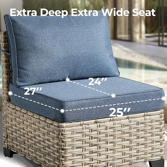HOOOWOOO Outdoor Sectional Patio Furniture Set,7 Pieces Wicker Conversation Sets,Extra Deep Out Door Sofa Outside Furniture Couch with Ottoman,Denim Blue