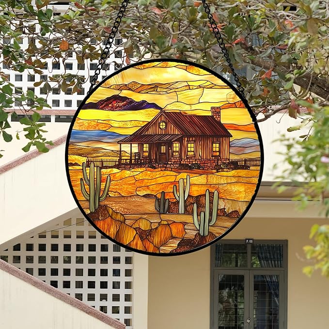 DASTOLL Stained Glass Window Hanging 4 Pcs Set Desert Sunset Theme Landscape 6.3" - Suncatcher Door Garden Sun Catcher Decor Birthday Christmas for Mom Woman Nana Men